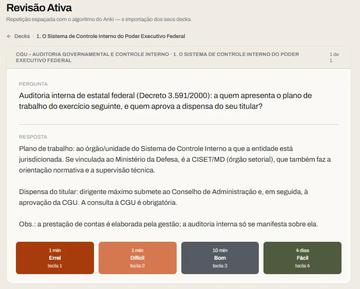 Revisão Ativa: a pergunta, a resposta e o intervalo até a próxima — Errei, Difícil, Bom ou Fácil, no algoritmo do Anki.